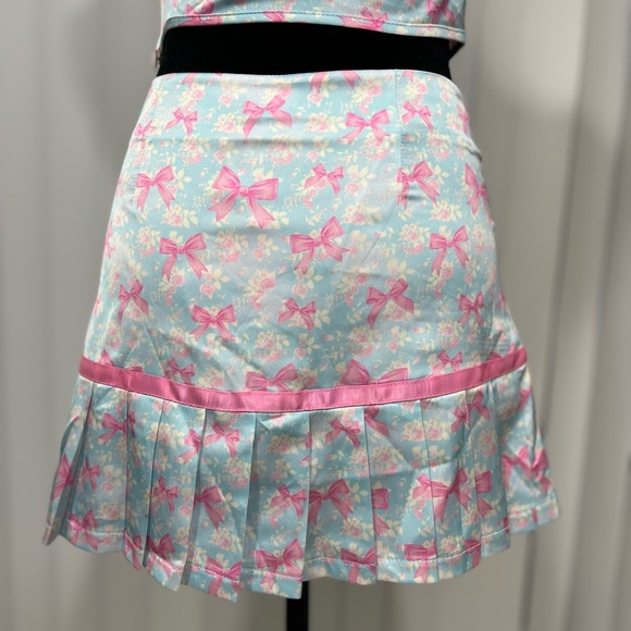 SUGAR THRILLZ No Misbehaving Bow Print Satin Mini Skirt Set Pastel Blue Pink S - Picture 7 of 15